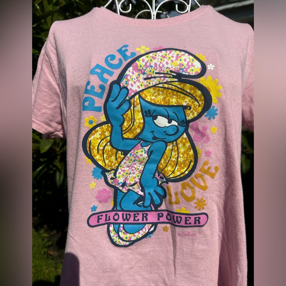 Flower Power Smurfette Pink Short Sleeve T-Shirt Size Large